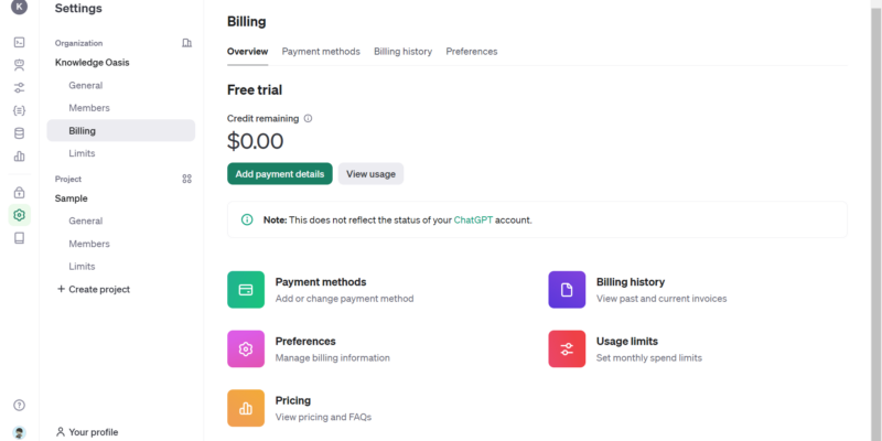 メニューでBillingを選択し、Add payment detailsをクリックします。