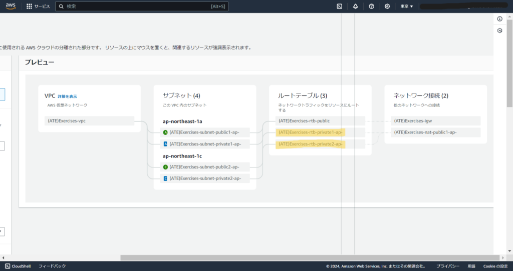 画面右側で同時生成の内容を確認できます。 プライベートサブネットのルートテーブルがサブネット毎に作成されています。