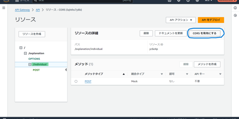 CORSを有効にしたいリソースを選択して、CORSを有効にするをクリックします。